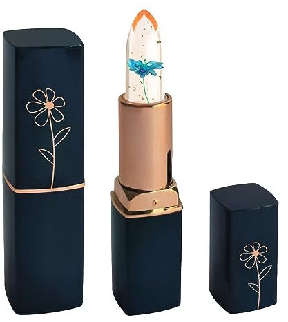 Girls Kissing Boys on The Dark Blue Tube Transparent Dried Flower Lipstick Gold Leaf Jelly Color Changing Moisturizing Lip Balm Moisturizing 6 Color Lipst Jelly Lip Gloss Color for Lip (E, One Size)
