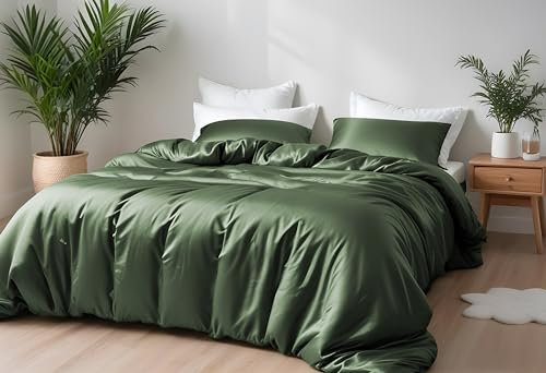 LINENWALAS Bamboo Bed Linen Set, Premium Bamboo Silk Duvet Cover Set with Pillowcase, 3-Piece Bedding Set, 200 x 200 cm Luxury, Soft, Cooling Quilt Cover (Avocado Green)