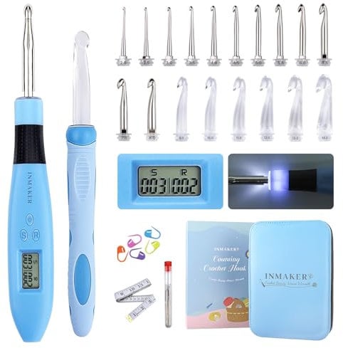 INMAKER Led Häkelnadel Set mit Zähler, 18in1 leuchtende Häkelnadel Ergonomisch, Geschenke für Strickliebhaber