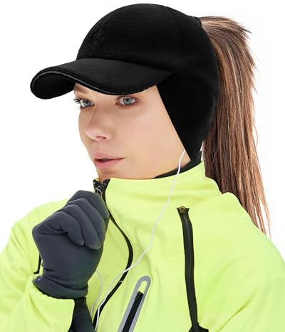 Gisdanchz Winter Basecap Damen, WintermüTZE Damen Pferdeschwanz Mütze mit Ohrenklappen, Laufen Cappy Frauen Kappe Schirmmütze Schildkappe Warm Women Baseball Cap Ponytail Hat, Schwarz XS/S