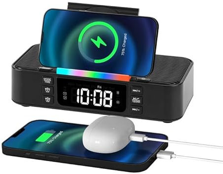Alarm Clock with Wireless Charging, Alarm Clocks Bedside, Bedside Clock with 15W Wireless Charger, Bluetooth Speaker, Dual Alarm, Night Light, Brightness, Digital Alarm Clock for Bedside-Black