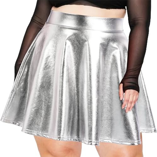 Moon Wood Damen Metallischer Glitzer Mini Rock Ausgestellter Faltenrock Elastische Taille Pull On Glitzerrock Weiß 3XL