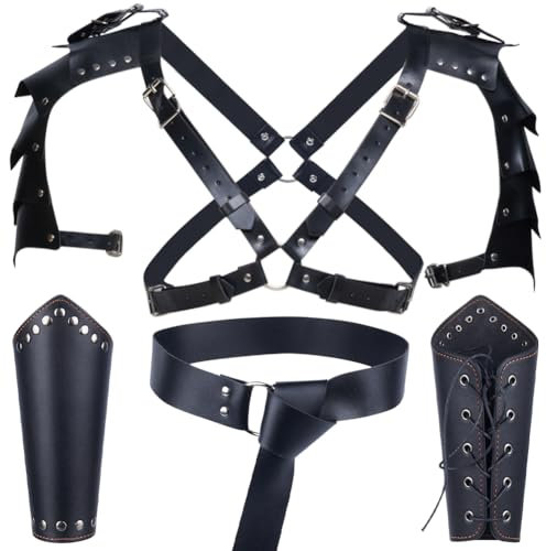 GORGECRAFT 4-Teiliges Mittelalterliches Ritterkostüm-Zubehörset Leder-Schulterpanzer Verstellbarer Gürtel Armschützer Aus PU-Leder Stulpen Armband-Set Halloween-Krieger Cosplay-Outfit Schwarz
