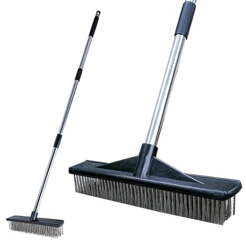 Heavy Duty Steel Wire Long Handle Broom (57IN),Stiff Bristle Broom for Removing Weeds,Concrete Brush for Rough Surface Dirt, Outdoor Push Broom for Courtyards, Decks,Swimming pools, Garages, Terraces.