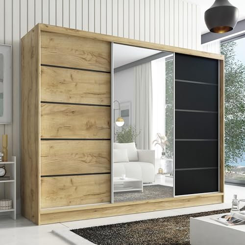 A&J MöbelLand Schwebetürenschrank Aurelia 2 Kleiderschrank 3-türig mit Schubladen, und Spiegel, Garderobe 200 cm (Eiche Kraft Gold/schwarz/Eiche Kraft Gold)