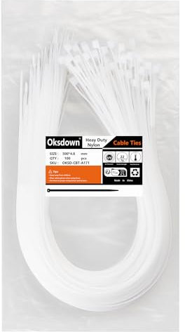 Oksdown 100 Pack White Thick Cable Ties Heavy Duty Large 500mm×4.8mm Strong Clear Nylon Plastic Self Locking 20 inch/50 cm Extra Long Zip Tie Wraps