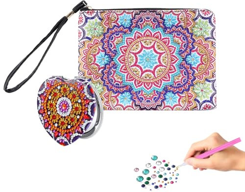 wocpvm 2 Stücke Diamond Bastelset Diamond Painting Tasche und Diamond Painting Spiegel Tragbar, Vergrößerung, Faltbar, Farbig Kosmetiktasche Diamant Painting ab 6 Jahre Mädchen