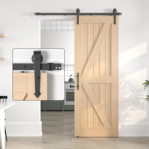 SANKEYTEW 5.5FT/167.6CM Sliding Door Kit Without Door - Single Wood Barn Door Sliding Kit - Heavy Duty Steel Sliding Door Track - Arrow Shaped Black