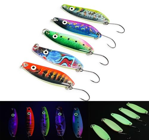 Spoons Forelle Set - 5g 4.5cm - UV Aktive und Selbstleuchtend I Forellenköder Set zum Glow Forellen Angeln Forellen Köder Angelköder Forellen Set - Forellen Spoon Set - UL-Angeln I 5 Spoons im Box