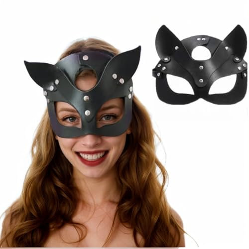Mini Kitty Catwoman Maske Katzenmaske Damen Schwarze PU Ledermaske Halb Gesicht Katze Maske Sexy Venezianischen Maskenball Augenmaske für Halloween Karneval Valentinstag Maskerade