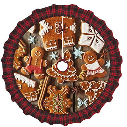 Lebkuchen-Keks-Weihnachtsbaum-Rock, Weihnachtsbaum-Rock, karierter Rand, Weihnachtsbaum-Basisabdeckung für Weihnachtsdekorationen