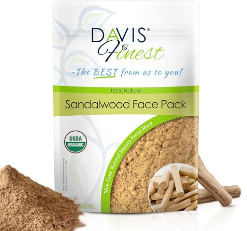Davis Finest ekologisk sandelträ pulveransiktsmask (Chandan), ren och naturlig skönhet ansiktsmask för strålande, fuktgivande och slät hud 250 g (250 g)