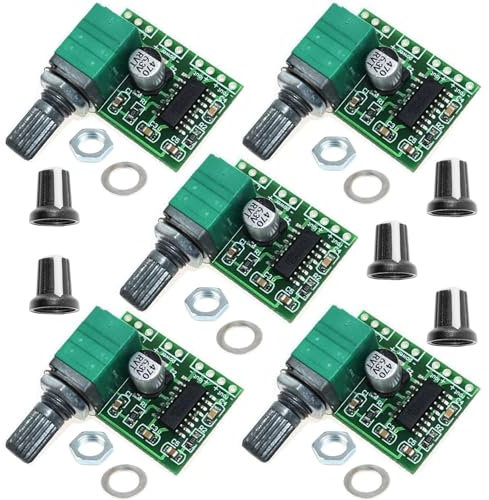 VISSQH 5 Stück Mini PAM8403 Stereo Verstärker,DC 5V Audio-Verstärker,Digital Audio Verstärkerplatine mit Potentiometer,3 W + 3W Dual-Channel PAM8403 Audio-Verstärker-Modul für DIY, tragbar