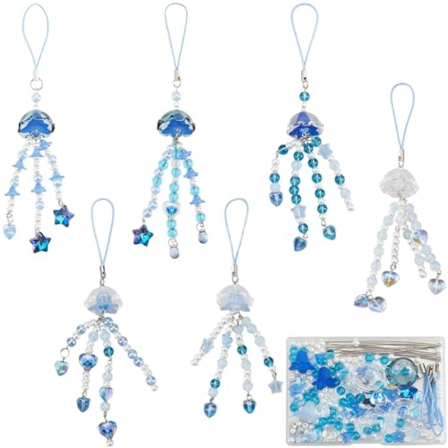 SUNNYCLUE 1 Box 380 Stück DIY 6 Sets Handy Anhänger Set Quallen Handy Anhänger Set Sommer Ozean Hawaii Blau Handy Schlüsselanhänger Für Frauen Und Erwachsene Schlüsselanhänger Handyhülle Tasche Kamera