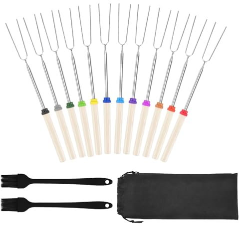 Mulaibdin 12 Pack Marshmallow Toasting Forks, Extendable Fork BBQ, Marshmallow Sticks for Fire Pit, Hot Dogs Toasting Fork with Oil Brush for Cooking, Smores Sticks for Camping,Campfire,Picnic
