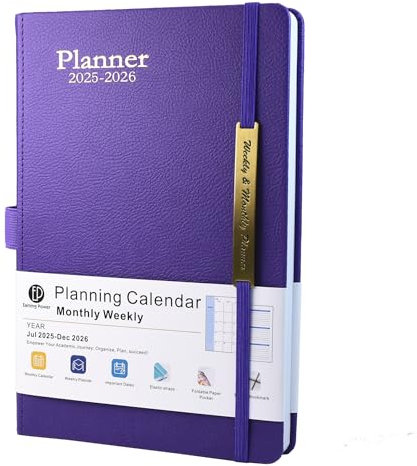 Kalender 2025-2026 A5 Wochenansicht - 18 Monate Jahreskalender von Juli 2025 bis Dez.2026, Wochen- & Monatsplaner mit Ledereinband, Stiftschlaufe, Innentasche (Lila)