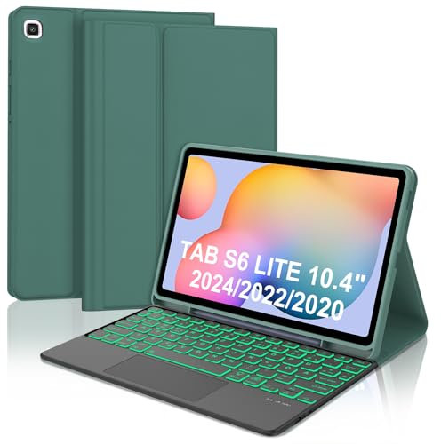WAVATA Tastatur für Samsung Galaxy Tab S6 Lite 10.4 2024/2022/2020 mit Touchpad, Hülle Tastatur für Samsung Tab S6 Lite Keyboard Cover Magnetische Beleuchtete QWERTZ Layout, Dunkelgrün