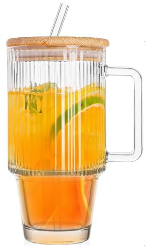 TELAIN 32oz Vaso de Vidrio con Asa, Tapa de Bambú y Pajita, Vaso de Vidrio para Bebidas Calientes/Frías, Tazas de Café Helado