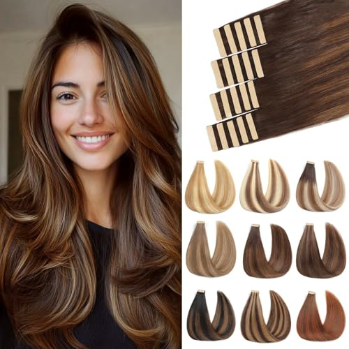 ShowJarlly Tape Extensions Echthaar 20pcs Extensions Echthaar 35cm Dunkelbraun mit Chestnut Brau Echthaar Extensions Tape Invisible Tape in Extension Echthaar 40g(14inch,2/2/6#)