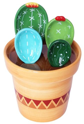 Cactus Measuring Spoons Set in Pot, Cute Ceramic Measuring Cups and Spoons Set with Holder for Baking Salt Sugar