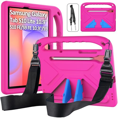 DUZZONA Funda Infantil para Samsung Galaxy Tab S10 Lite/ S10 FE/ S9 FE/ S9 10.9 Pulgadas/11 Pulgadas (2025/2023), Eva Ligera a Prueba de Golpes con asa Infantil y Correa para el Hombro, Magenta
