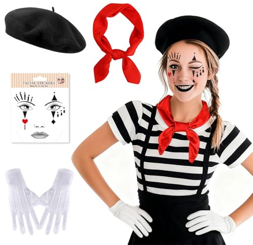 4pcs Pantomime Costume Women Men mit Schwarze Pantomime Mütze, Mime Kostüm, Carnival Pantomime Costume, Pantomime Kostüm Set für Damen, Pantomime Kos-tüm Damen Herren für Karneval Cosplay Party