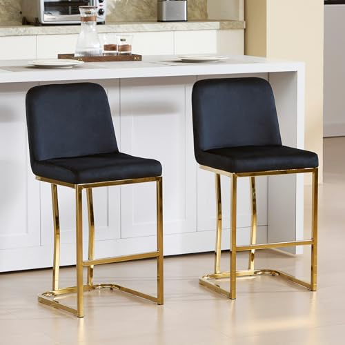 Chummaven Moderne Samt Barhocker 2er Set mit Robustem Goldenem Metallrahmen und Fußschutz Caps Armlehnlose Gepolsterte Frühstückshocker für Kücheninsel Esszimmer und Bar, Schwarz