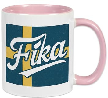 Fika Tasse mit Schwedenflagge | Skandinavische Kaffeetasse für Schwedenfans | Geschenk für Fika-Liebhaber & Urlaubserinnerung | Hochwertige Keramik in 4 Farben erhältlich (Rosa)