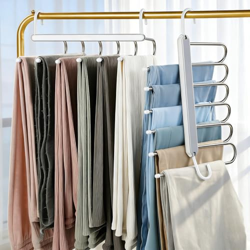 MOPUP Hosenständer, platzsparend, 2er-Pack 6-in-1-Hosenständer aus Edelstahl, multifunktionaler, Rutschfester, magischer Hosenständer für Hosen, Schals, Jeans, Kleidung, Handtücher (weiß)