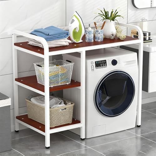 Universales Waschmaschinen Regal Front/Toplader, Verstellbare Seitenkörbe, Stabiles Stahl Gestell mit Kratzschutz Füßen(Roller Model - White c)