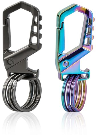 Lot de 2 Porte-Clés avec Mousqueton et Ouvre-Bouteille, Multi-Usage avec 3 Anneaux de Clé, Noir et Multicolore, Keychain Métallique pour Voiture, Camping et Cadeau pour Hommes Ami Bière Soda