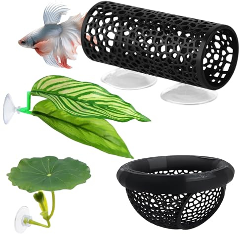4 Stück Aquarium Zubehör Deko Set, Enthält Douyu Rasttunnel, Futterkreis und Künstliche Wasserpflanzen, Betta Fisch Zubehör mit Saugnäpfen, Geeignet für Fische und Garnelen zum Ausruhen und Spielen