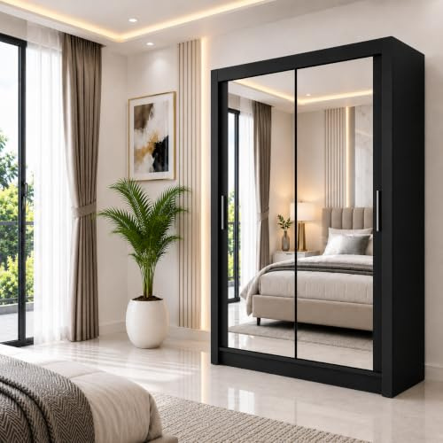 REXwood Furniture Mirrored Sliding Door Wardrobe, Bedroom Storage with Full Mirror Doors, Shelves & Hanging Rails, Modern Flat Pack Design, Black White Grey Oak, 100-250 cm (Black, 150cm)