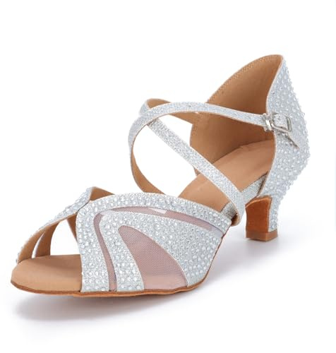 Syrads Women's Ballroom Latin Dance Shoes with Rhinestones Salsa Tango Bachata Indoor Dancing Shoes for Wedding Party Prom 1050, Silver-5cm Heel, 3.5 UK