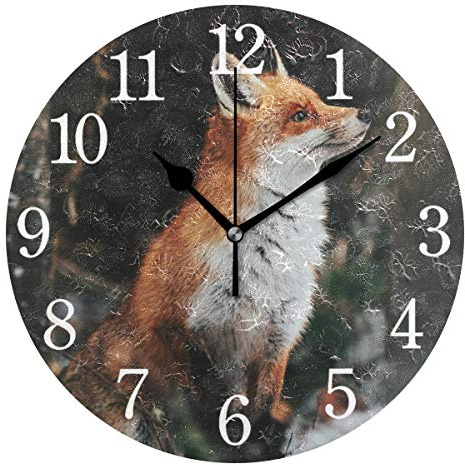 BKEOY Wanduhr im Vintage-Stil mit Malerei, Wildtierwelt, Wald, Fuchs, geräuschlos, nicht tickend, Heimdekoration