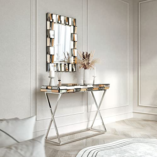 CARME Knightsbridge Collection – Miroir mural effet 3D or rose et argent – Table console effet miroir 3D – Meubles combinés en verre – Chambre – Couloir – Meubles
