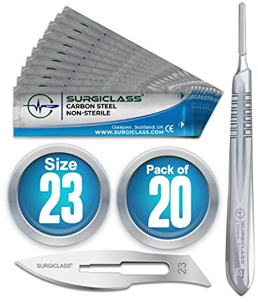 Surgical Scalpel Surgical Blades # 23 Carbon Steel Non Sterile Pack of 20 and Handle No 4 Perfect for wood art, Surgical, Sculpting, Repairs, Lab Anatomy, Sign, Card Making Lab Training SURGIBL23-20