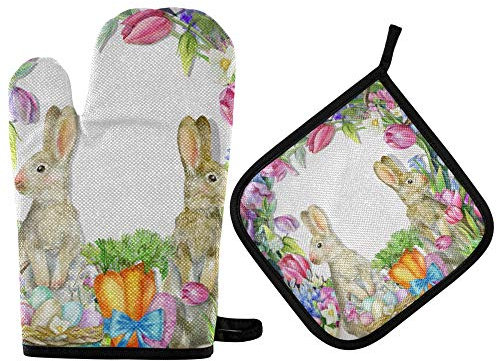 TropicalLife RELEESSS Ofenhandschuh & Topflappen Set Osterhase Blume Hitzebeständig Ofenhandschuhe Home Küche Grillen Kochen Backen