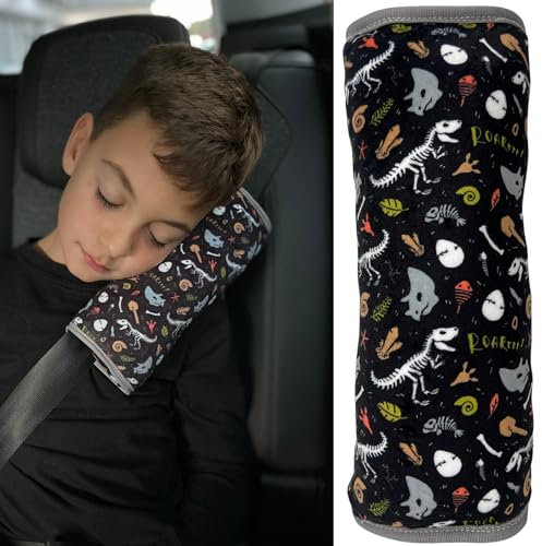 HECKBO Auto Schlafkissen für Kinder Mädchen Jungen - Dinosaurier Dino Skelett - maschinenwaschbar – kuschelweich - Auto Gurtkissen, Gurtschoner, Gurtschutz Sitzerhöhung, Auto Kissen, Reisekissen