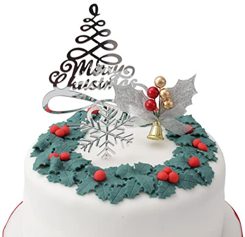 Merry Christmas Cake Decoration topper Yule Log Cupcake Toppers 3 Piece Gold silver red Leaf Holly Set (3 set silver holly)