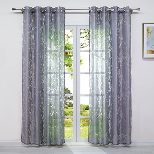 HeichkelL Gardine mit Ösen aus Voile Transparente Ausbrenner Vorhang 1 Stück Modern Ösenschal Fensterdekoration in Baumäste Muster Grau BxH 140x245 cm