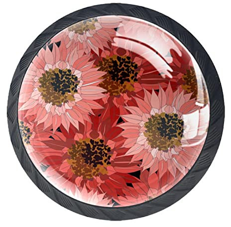 Rote Blumen-Muster Set aus 4 Schränken, runden Hardware-Schubladen-Kommode-Knöpfen für Zuhause, Schlafzimmer, Küche, Esszimmer, Büro