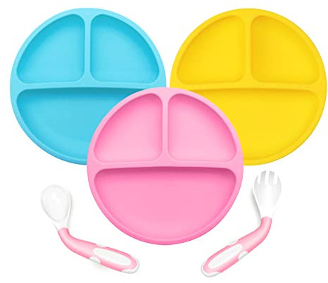Babyteller Kinderteller mit Saugnapf Set,Silikon Rutschfester Kinderteller,Baby Teller mit Löffel Gabel,197*34mm Babyteller BPA Frei,Baby Tischset für Baby Kleinkind und Kinder(Blau Gelb Rosa)