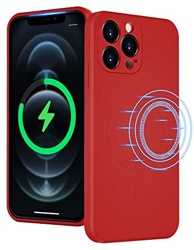 UEEBAI Wireless Charging Case For iPhone 12 Pro Max 6.7 inch, Liquid Silicone Built-in Magnets Phone Case Compatible with MagSafe Faster Charging Slim Fit Soft Microfiber Cover - Red