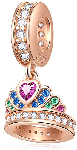 Rose Gold Princess Royal Crown Pendant Charms, fit Pandora Valentines Bracelet Necklace, 925 Sterling Silver Dangle Beads with Colorful CZ, Gift for Daughter/Sister/Aunt Niece