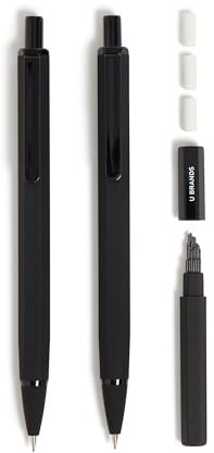 U Brands Cambria Mechanical Pencils, Set of 2, Midnight Black, Soft Touch, Medium (0.7 mm) Point, Lead and Eraser Refills