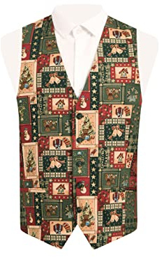 Dobell Mens Green Vintage Christmas Print Festive Waistcoat Regular Fit 5 Button-3XL (54-56in)