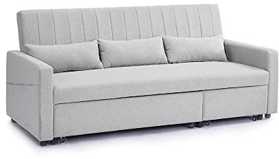 Home Detail 3 Seater Sofa Bed Pull-Out Grey Blue Velvet Grey Linen Storage Chaise (Grey Linen)