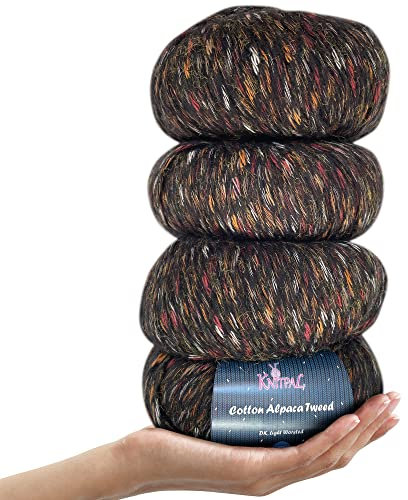 KnitPal Baumwoll-Alpaka-Tweed-Garn zum Häkeln, 20% Alpaka, 60% Baumwolle, 20% Polyamid. Alpakawolle, Baumwollmischgarn, Stricken, buntes Garn, DK-Garn mit Gewicht 3, 4 Knäule, 200 g,
