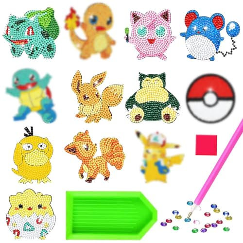 Diamond Painting Kinder, DIY Diamant Aufkleber Kit, 12 Stück Cartoon Diamantmalerei für Kinder, DIY Diamant Painting Kit für Kinder und Erwachsene Anfänger, Geburtstags Geschenk für Jungen Mädchen